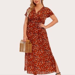 Plus Size Floral Print V-Neck Elegant Maxi A Line Dress